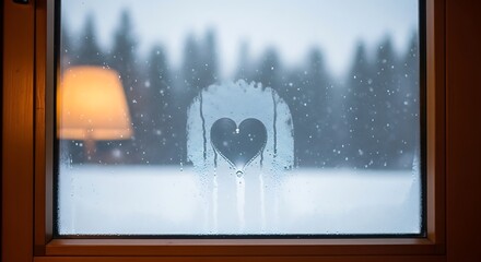 Heart-Shaped Frost on Window with Lamp, Snowy Forest View, Cozy Winter Scene.