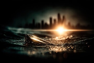 Glass-like object floats in turbulent water; city silhouette