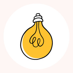 Bright yellow light bulb with rays shining, symbolizing ideas and creativity in a minimalist style. Light bulb doodle hand drawn icon. Outline Color drawing shining light bulb line clipart symbol.