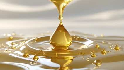A golden oil droplet falling into liquid, creating smooth ripples 