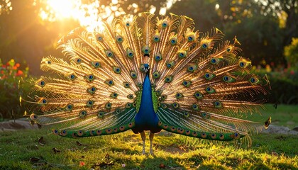 Magnificent peacock displaying radiant plumage in golden sunlight, a symbol of beauty and pride, perfect for nature documentaries and inspirational content, radiating elegance and wonder