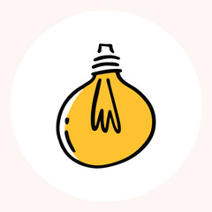 Bright yellow light bulb with rays shining, symbolizing ideas and creativity in a minimalist style. Light bulb doodle hand drawn icon. Outline Color drawing shining light bulb line clipart symbol.