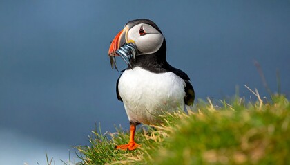 Charming puffin with a beak full of silvery fish standing proudly on lush green grass, a portrait of wildlife and nature's beauty, perfect for conservation projects and travel blogs