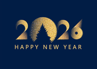Happy New 2026 Year minimal text design with fir tree isolated on blue. Banner, poster, header and card template.