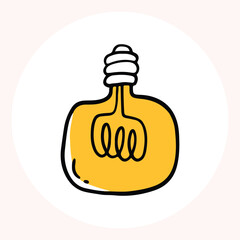 Bright yellow light bulb with rays shining, symbolizing ideas and creativity in a minimalist style. Light bulb doodle hand drawn icon. Outline Color drawing shining light bulb line clipart symbol.
