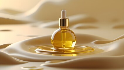 A golden glass dropper bottle filled with oil sits elegantly on a smooth, glossy surface,