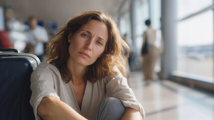 A tired woman sits with a suitcase in the airport terminal, waiting for her delayed flight.