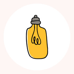 Bright yellow light bulb with rays shining, symbolizing ideas and creativity in a minimalist style. Light bulb doodle hand drawn icon. Outline Color drawing shining light bulb line clipart symbol.