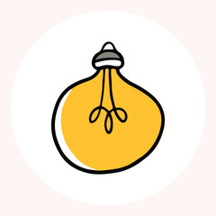 Bright yellow light bulb with rays shining, symbolizing ideas and creativity in a minimalist style. Light bulb doodle hand drawn icon. Outline Color drawing shining light bulb line clipart symbol.