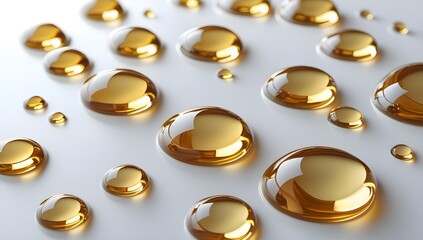 Golden liquid droplets on a smooth white surface,