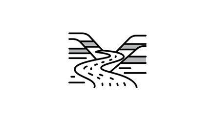 Fototapeta premium Minimalist Winding Road or River Through Hills Icon Illustration.