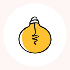 Bright yellow light bulb with rays shining, symbolizing ideas and creativity in a minimalist style. Light bulb doodle hand drawn icon. Outline Color drawing shining light bulb line clipart symbol.