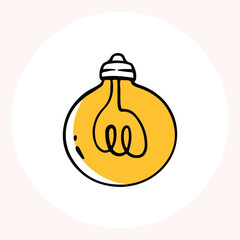 Bright yellow light bulb with rays shining, symbolizing ideas and creativity in a minimalist style. Light bulb doodle hand drawn icon. Outline Color drawing shining light bulb line clipart symbol.
