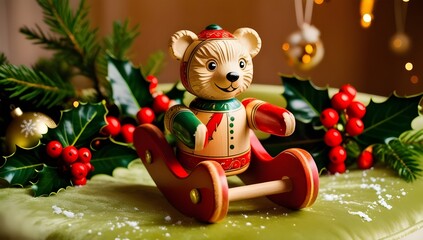 festive wooden toy bear on a red rocker, surrounded by holly leaves, red berries, and Christmas decorations.