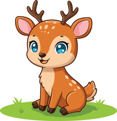 Cute baby deer cartoon sitting on green grass, adorable forest animal illustration, woodland wildlife art, smiling fawn character design, nature