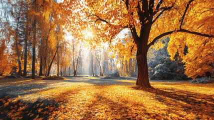 Fototapeta premium Golden autumn forest with vibrant orange foliage and sunlight filtering through trees, creating warm atmosphere and colorful seasonal landscape full of fallen leaves.