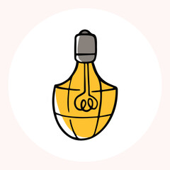 Bright yellow light bulb with rays shining, symbolizing ideas and creativity in a minimalist style. Light bulb doodle hand drawn icon. Outline Color drawing shining light bulb line clipart symbol.