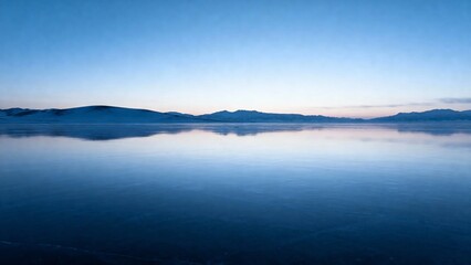Fototapeta premium A serene twilight scene featuring a vast, reflective body of water mirroring distant mountains under a gradient sky.