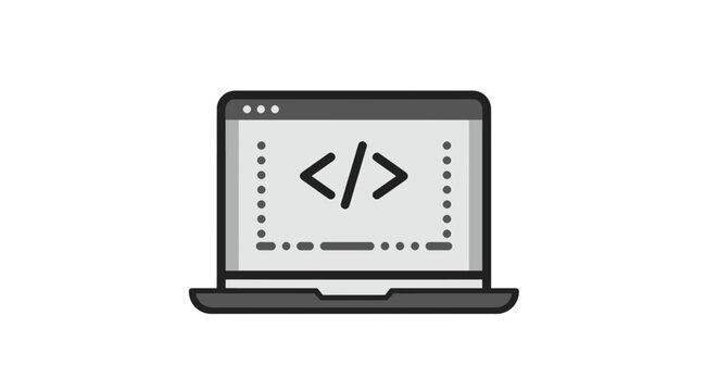 Laptop with code symbol representing programming and web development on screen.