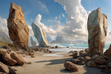 Coastal scene tall rocks, beach, mountains, ocean, cloudy sky