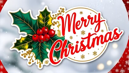A festive &ldquo;Merry Christmas&rdquo; sticker featuring red berries, green holly leaves, and golden accents on a white background.