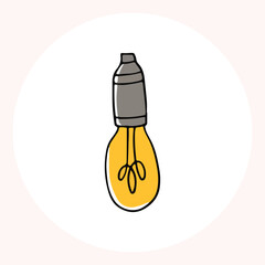 Bright yellow light bulb with rays shining, symbolizing ideas and creativity in a minimalist style. Light bulb doodle hand drawn icon. Outline Color drawing shining light bulb line clipart symbol.