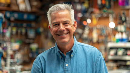 Fototapeta premium Smiling middle-aged man in blue shirt stands confidently in a workshop filled with tools, showcasing a welcoming atmosphere of craftsmanship and expertise