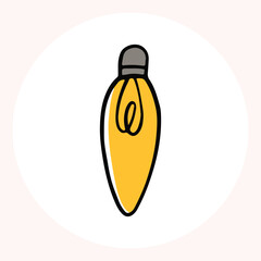 Bright yellow light bulb with rays shining, symbolizing ideas and creativity in a minimalist style. Light bulb doodle hand drawn icon. Outline Color drawing shining light bulb line clipart symbol.