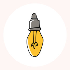 Bright yellow light bulb with rays shining, symbolizing ideas and creativity in a minimalist style. Light bulb doodle hand drawn icon. Outline Color drawing shining light bulb line clipart symbol.