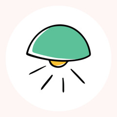 Bright yellow light bulb with rays shining, symbolizing ideas and creativity in a minimalist style. Light bulb doodle hand drawn icon. Outline Color drawing shining light bulb line clipart symbol.