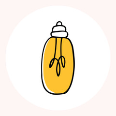 Bright yellow light bulb with rays shining, symbolizing ideas and creativity in a minimalist style. Light bulb doodle hand drawn icon. Outline Color drawing shining light bulb line clipart symbol.
