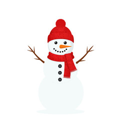 Cute snowman wearing red scarf and hat, winter holiday vector illustration representing Christmas, snow, and joyful festive season