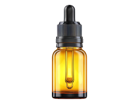 Amber glass dropper bottle with black cap isolated on black background, Isolated On Transparent Background, Png
