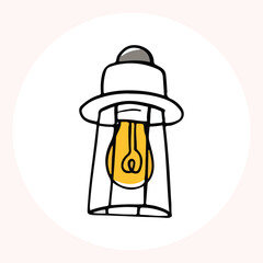 Bright yellow light bulb with rays shining, symbolizing ideas and creativity in a minimalist style. Light bulb doodle hand drawn icon. Outline Color drawing shining light bulb line clipart symbol.
