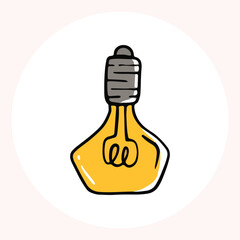 Bright yellow light bulb with rays shining, symbolizing ideas and creativity in a minimalist style. Light bulb doodle hand drawn icon. Outline Color drawing shining light bulb line clipart symbol.