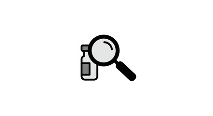 Magnifying glass over a bottle icon representing scientific research and medical analysis.