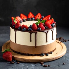 Delicious Three-Layer Cake with Chocolate Drip and Fresh Berries on Wooden Board.