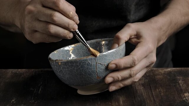 Close Up of Person Repairing Broken Bowl with Golden Paint on Wooden Table in Dark Background