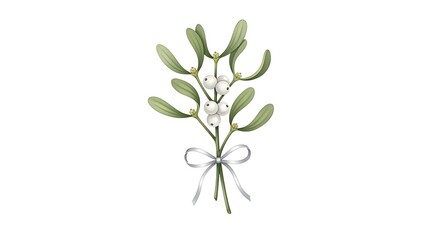 Delicate Watercolor Mistletoe Sprig Tied with a Silver Ribbon on White Background.
