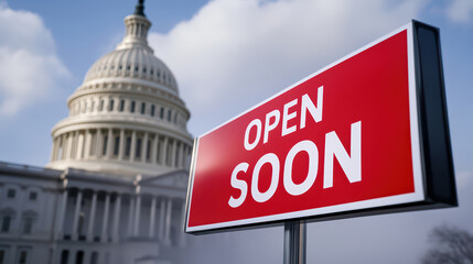 A sign reading "OPEN SOON" in front of a government building, suggesting future accessibility or activity.