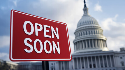 A red sign reading "OPEN SOON" in front of a large, domed government building under a cloudy sky.