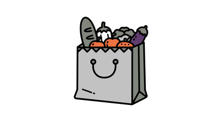 Grocery shopping bag filled with fresh produce and bread illustration.