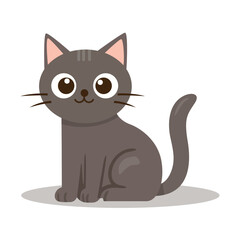 Obraz premium Cartoon cat icon with big brown eyes pink ears and curved tail on white background