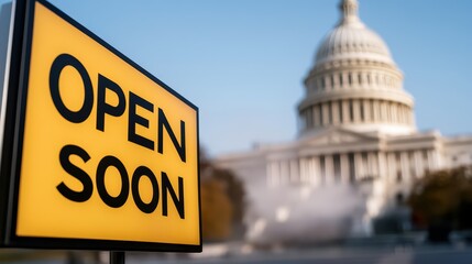 A bright "OPEN SOON" sign in front of a prominent building, likely indicating a forthcoming event or opening, with the Capitol dome in the background.