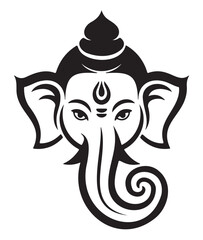 Stylized black and white illustration of Ganesha's head, a Hindu deity with an elephant face and curled trunk.