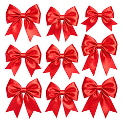 Nine vibrant red satin bows for decoration and gifting occasions.