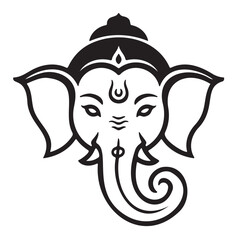 A detailed black and white illustration of the Hindu deity Ganesha's face, showcasing intricate details.