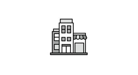 Simple cartoon illustration of a multistory building with an attached shop.