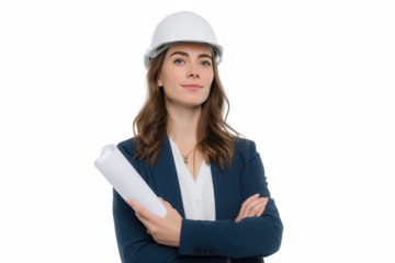 Architectural Visionary: A confident architect in a hard hat and formal attire, holding blueprints, embodies professionalism and innovation in her field.