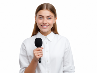 Media Reporter with Microphone: A confident journalist holds a microphone, ready to deliver breaking news, capture a compelling story, and engage the world.